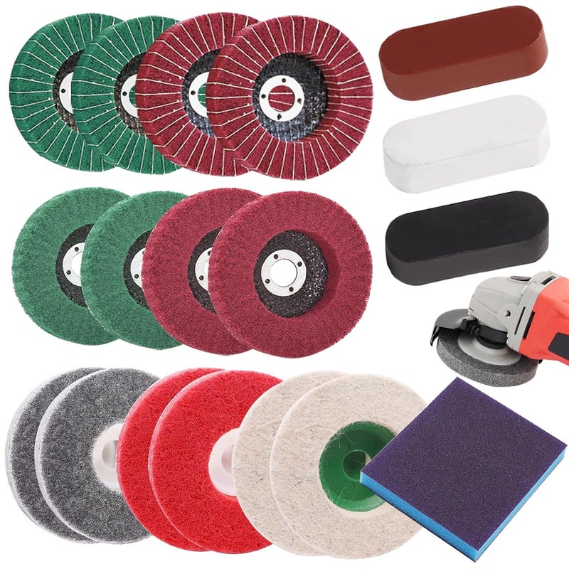 Sunxeke 18Pcs 4 Inch Buffering Wheels Polishing Kit with Compound for Angle Grinder,Includes 14Pcs Nylon Fiber Flap Disc & Wool Felt Polishing Wheel,3Pcs Buffing Compounds and Sanding Sponge - Image 1